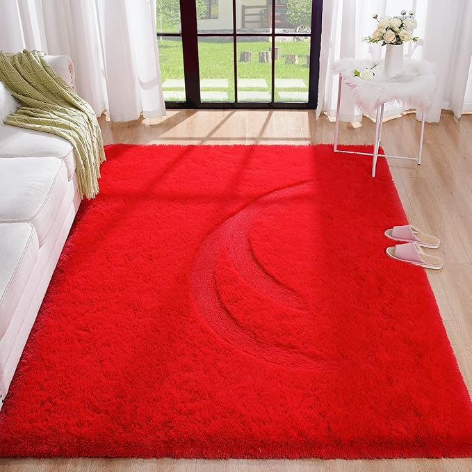 BENRON Fluffy Red Rugs for Living Room Bedroom 4x6, Soft Plush Fuzzy Shaggy Rugs for Kids Girls Boys Room Decor, Washable Indoor Floor Carpets