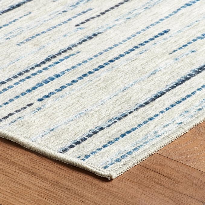 Dash & Albert Elwood Blue Machine Washable Rug, Runner-2.5 X 8 Feet, Blue Stripe Pattern - Premium Luxury Hotel Quality Soft Breathable Hypoallergenic Machine Washable Easy Care All Season