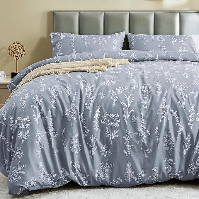 MUXHOMO Duvet Cover Full Size, Reversible Floral Grey Duvet Cover Set with Zipper Closure, 3 Pieces Botanical Patterns Soft Microfiber Bedding Set with 4 Ties (80"x90", 2 Pillow Cases)