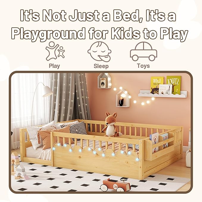 Full Toddler Floor Bed with High Rails, Wooden Montessori Bed Frame with Light and Storage Shelf, Full Size Bed Frame for Kids, Boys and Girls, Natural