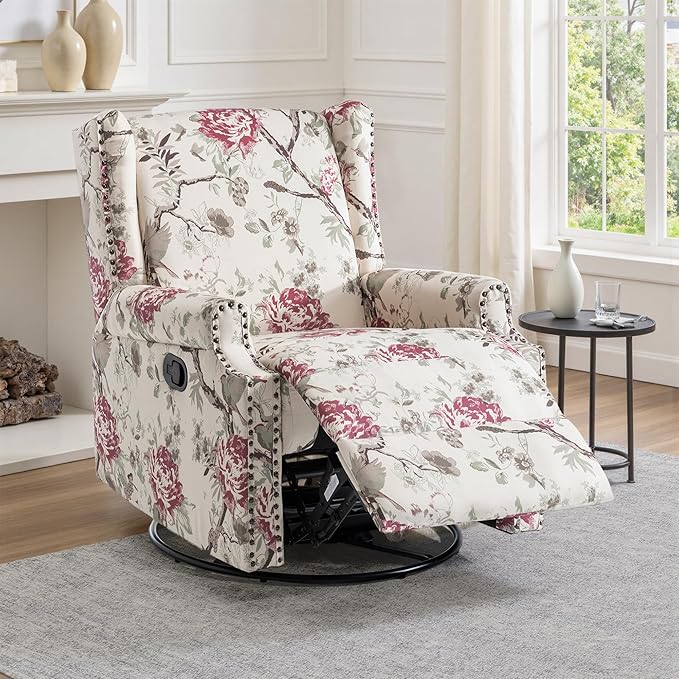 UIXE Swivel Glider Recliner Chair for Adults, High Back Nursery Rocker Floral Upholstered Armchair for Living Room, Manual Reclining Rivet Trim Sofa Lounge with Deep Seat in Fabric - Beige