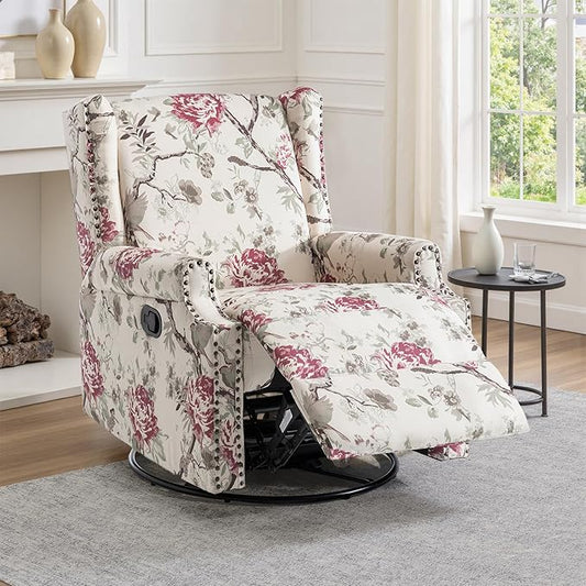 UIXE Swivel Glider Recliner Chair for Adults, High Back Nursery Rocker Floral Upholstered Armchair for Living Room, Manual Reclining Rivet Trim Sofa Lounge with Deep Seat in Fabric - Beige