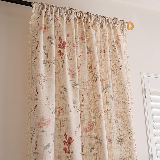 OYX Floral Curtains 2 Panels 52x63 Inches, Boho Tassel Semi-Sheer Light Filtering, Rod Pocket Farmhouse Window Drapes for Bedroom Living Room Dining Room, Bohemian Aesthetic Decor