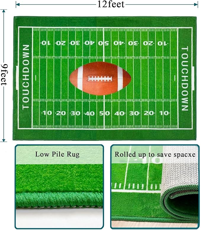 Football Field 9x12 Rug for Boys Bedroom Sports Rugs for Boys Room Decor, Soft Football Rug for Kids Playroom, Area Rug for Game Room or Man Cave Carpet