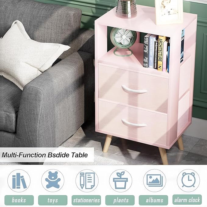 Night Stand, Pink Kids Nightstand with 2 Fabric Drawers, Nursery Side Table with Open Storage, 3-Tier Modern End Table, Bedside Table for Small Space, Living Room, Bedroom