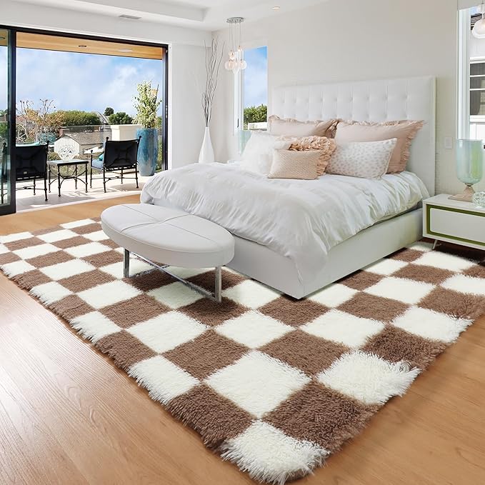 KICMOR Living Room Rug 5x8 Brown and Cream White, Large Fluffy Shag Fuzzy Checkered Area Rugs Shaggy Bedroom Carpet, Indoor Soft Plush Furry Big Rug for Teen Kids Boys Girls Room Nursery Home Decor