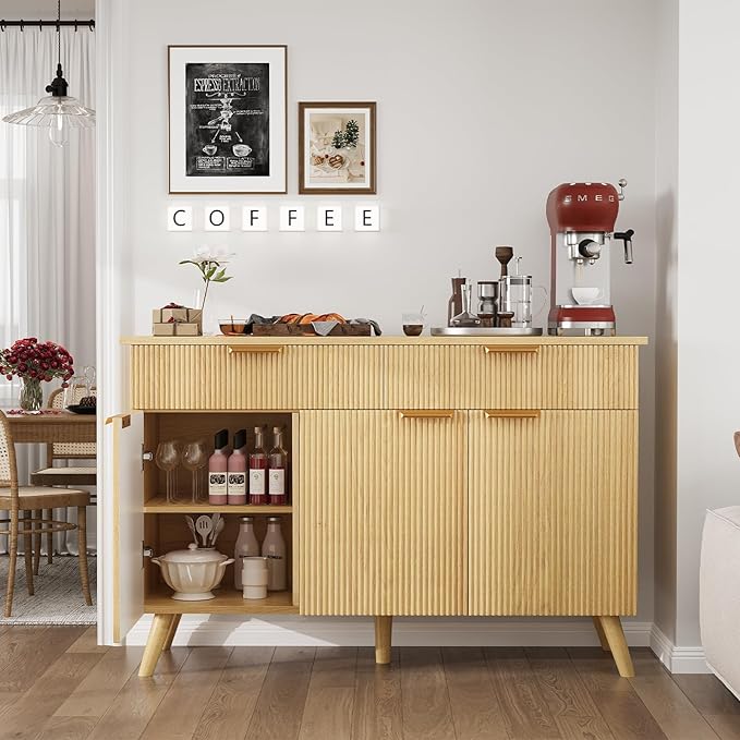 47" Buffet Cabinet with Storage, Natural Wood Fluted Sideboard with Drawers 3 Doors & Adjustable Shelves, Modern Accent Storage Cabinet Console Table for Living Room, Hallway, Entryway