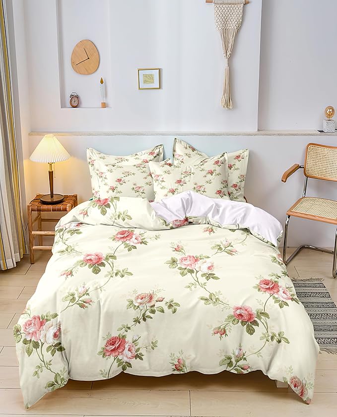 Garden Style Pink Floral Duvet Cover Full Chic Shabby White Pink Floral Bedding Sets Botanical Comforter Cover Aesthetic Boho Bedding Collection