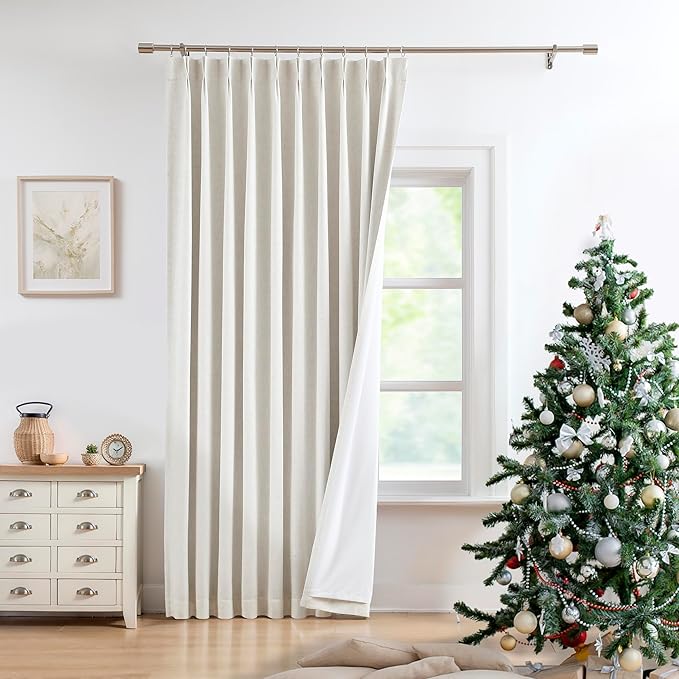 Natural Pinch Pleat Full Blackout Curtain Panel Linen Blended 112 Inches Long Thermal Insulated 100 Room Darkening Drapery for Farmhouse Living Room Bedroom Window Treatment Set with Hooks, 60"x112"x1