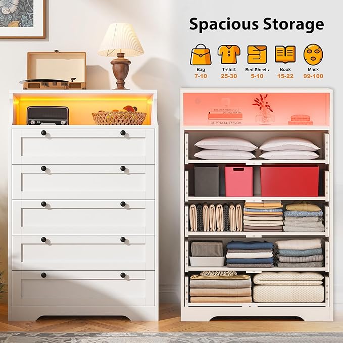 EnHomee White Dresser with LED Light, Tall Dresser for Bedroom, 5 Drawers & 1 Shelves for Bedroom, Home Office