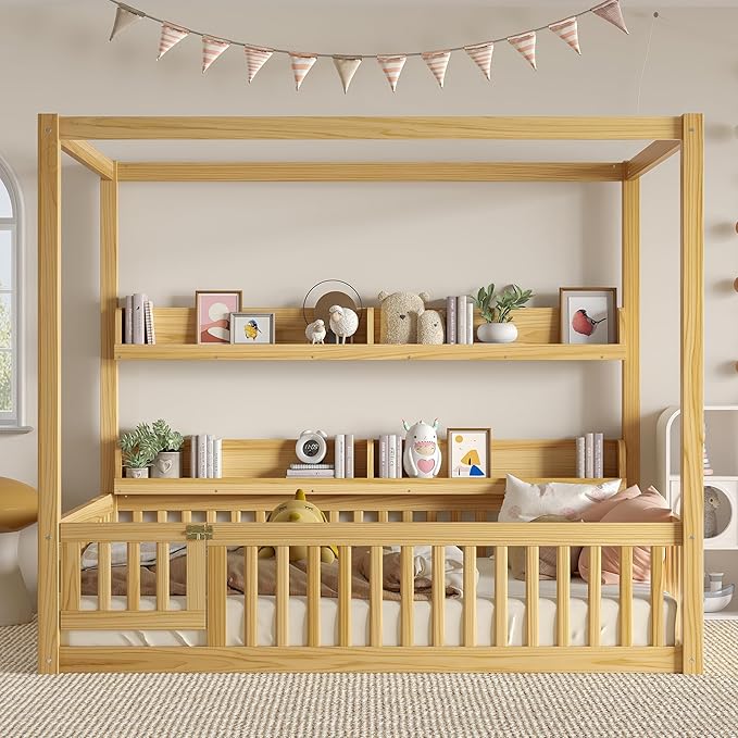 Polibi Full Size Montessori Floor Bed with Guardrails, Low Profile Solid Wood Canopy Frame with Built-in Shelves, No Box Spring Needed, for Kids & Teens, Natural