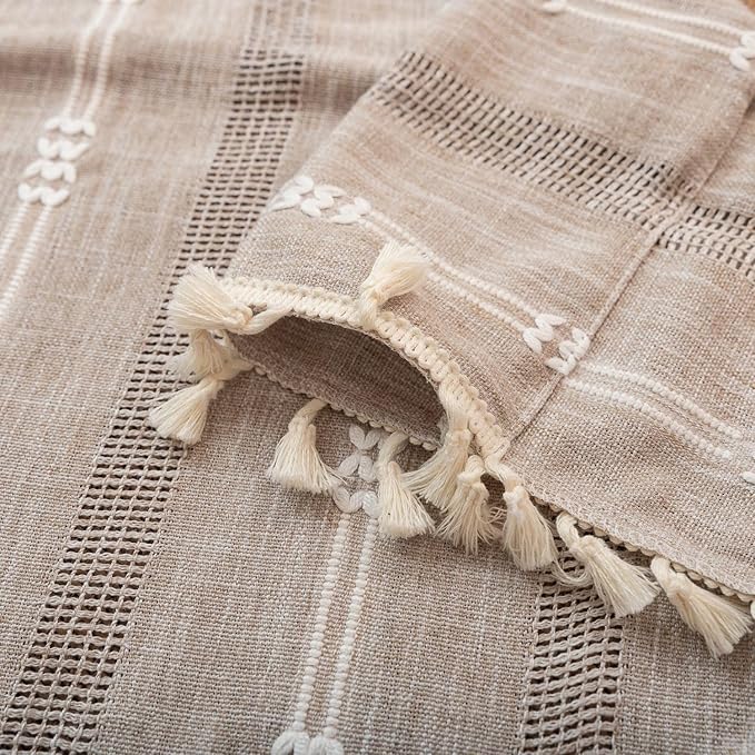 Deeprove Taupe Boho Valance with Tassels Linen Kitchen Short Embroidered Curtain. Farmhouse French Cottage Rustic Small Window Treatment for Cafe Closet Laundry Dining Restaurant 1 Panel W52 x L18