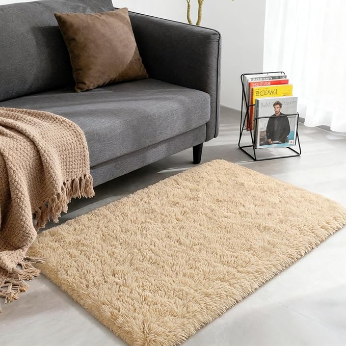 Merelax Soft Modern Indoor Shaggy Rug for Bedroom Livingroom Dorm Kids Room Home Decorative, Non-Slip Plush Fluffy Furry Fur Area Rugs Comfy Nursery Accent Floor Carpet 3x5 Feet, Light Tan