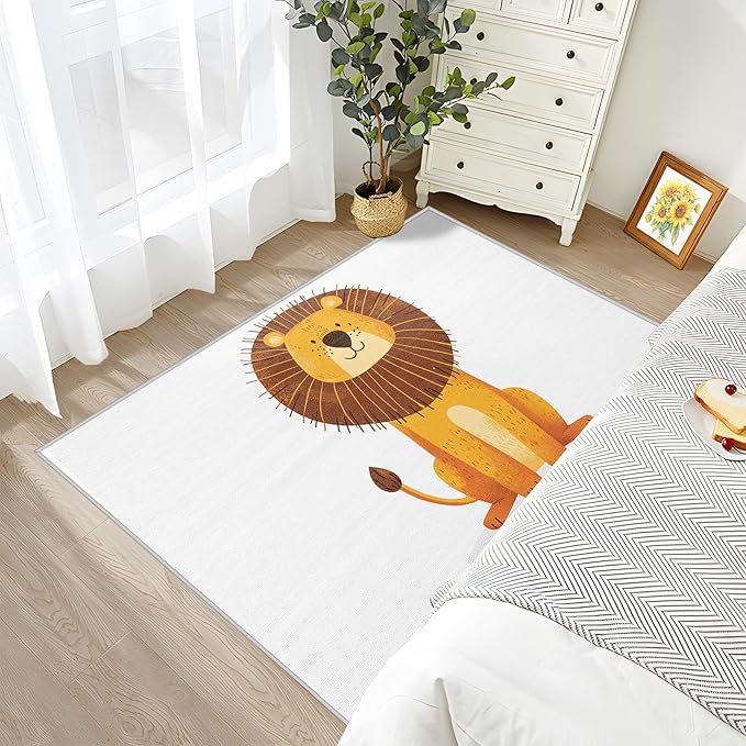Lion Rug Kids - 5x8 Rug - Lion Rug - Cute Cartoon Lion Area Rug - Kids Baby Nursery Rugs - Kawaii Safari Animal Carpet - Home Decor