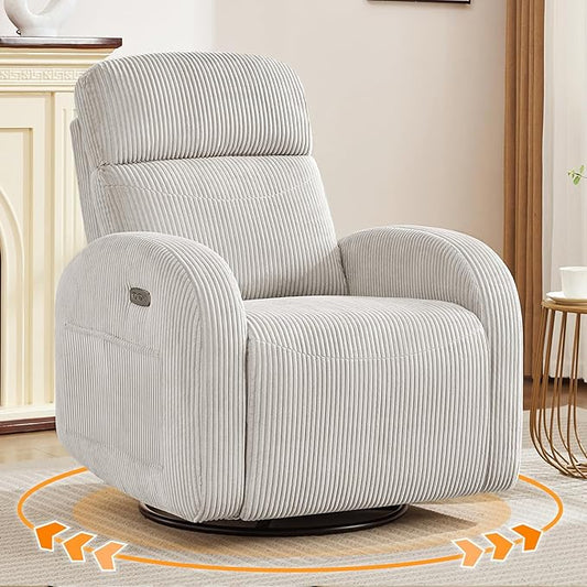 Power Swivel Rocker Recliner Nursery Glider Recliner, Swivel Glider Recliner with USB & Type-C Port, Reclining Nursery Rocker with Double Pockets for Living Room, Camel, Corduroy