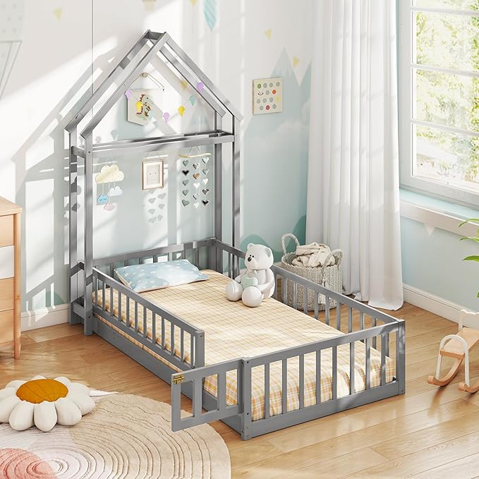 MAT EXPERT Twin Floor Bed with House-Shaped Headboard, Montessori Kids Bed with Detachable Clothes Hanger, Full Length Safety Guardrails, Solid Wood Twin Bed Frames for Kids (Gray)