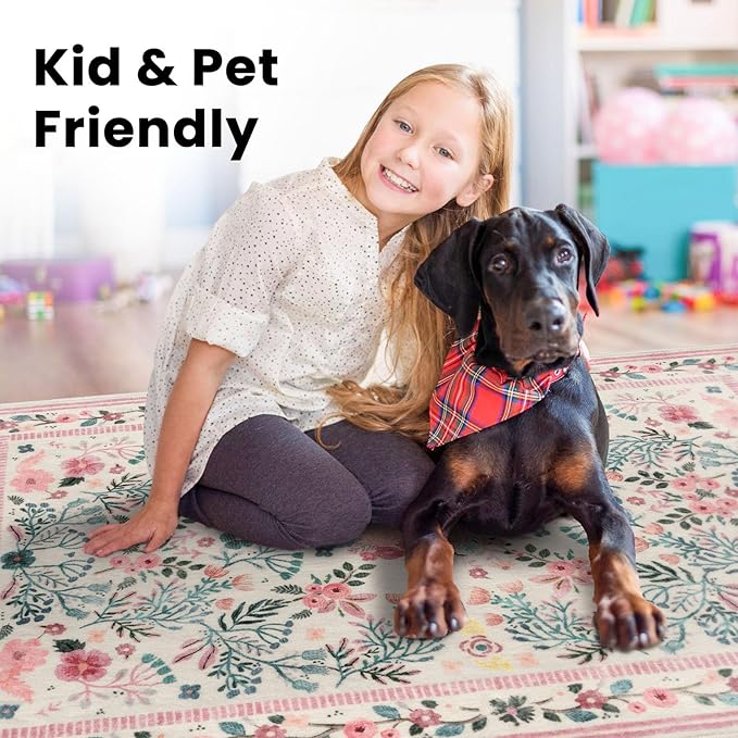 Rugs for Living Room 8x10, Pink Boho Thin Washable Non-Slip Area Rugs for Bedroom Girls, Soft Floral Low-Pile Nursery Carpet for Dining Room Kids Room Indoor Playroom, Pink/Multi