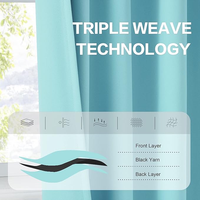 DUALIFE Curtains for Bedroom Rod Pocket and Back Tab Thermal Insulated Window Treatment Panels Room Darkening Blackout Drapes for Living Room 52 x 132 Inch, Aqua, 2 Panels Set