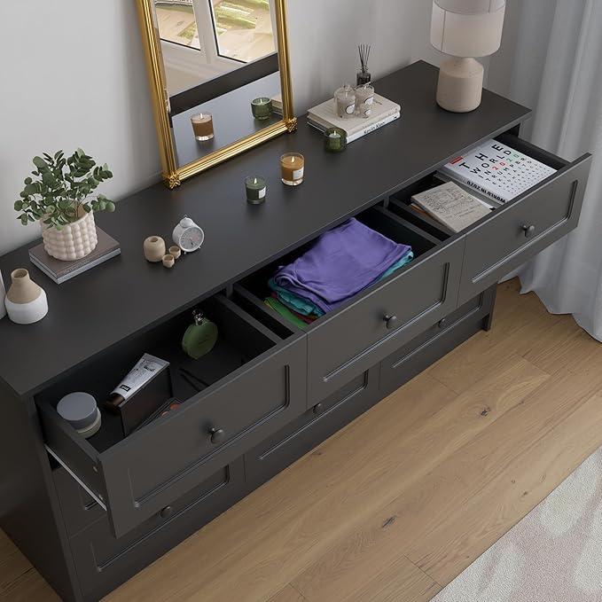 63'' W Long Modern Dresser 9 Drawers with Handles, Black Dresser & Chest of Drawers with Large Capacity Storage, Freestanding Storage Dressers for Bedroom, Living Room, Hallway (Black)