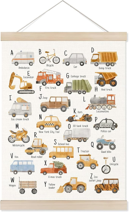Welshower Transport Alphabet Nursery Poster Hanger Frame, Transport Alphabet Educational Wall Art Prints Decor for Classroom Toddler Kids Nursery Bedroom Playroom Framed, 12x16 Inch