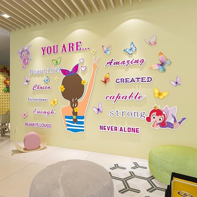 3D Inspirational Wall Stickers for Girls Room Decor Wall Decals Peel and Stick for Girls Bedroom Large Pink Princess Pictures Kids Murals Wallpaper Art Motivational Decor for Nursery Toddler