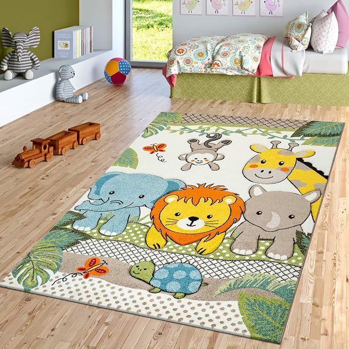 Paco Home Kids Room Rug Cute Zoo Animals Jungle Lion and Elephants in 3D Effect Colorful, Size: 6'7" x 9'6"