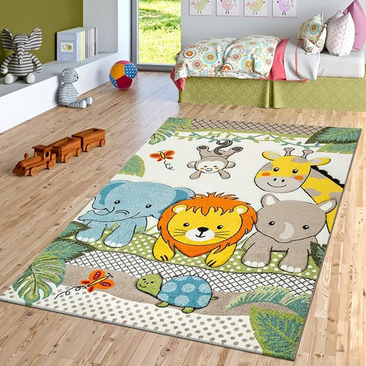 Paco Home Kids Room Rug Cute Zoo Animals Jungle Lion and Elephants in 3D Effect Colorful, Size: 6'7" x 9'6"