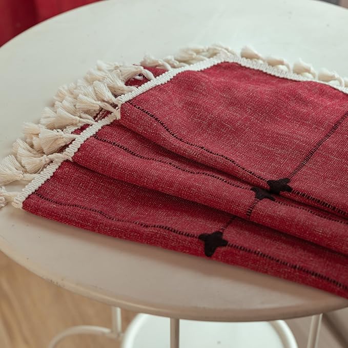 Deeprove Red Boho Curtains for Bedroom 84 Inches Long, Burgundy Checkered Bohemian Chic Textured Embroidery Plaids, Vintage Handmade Tassels Country Xmas Christmas Decor Drapery, 1 Panel W52 x L84