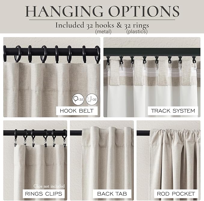 100% Blackout Curtains 45 Inches Long 2 Panels Set, Short Linen Heat Blocking Drapes 46 Inch Small Window Decor for Kitchen Bedroom Bathroom Thermal Insulated Textured Look Hook Belt