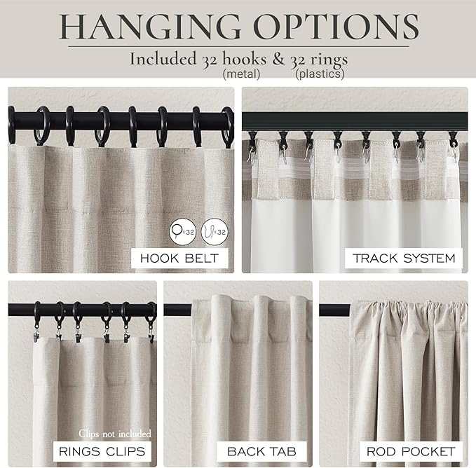 Room Darkening Curtains 72 Inches Long 2 Panels Burg, Rich Linen Heavy Insulated Bay Window Curtains Modern Neutral Drapes for Bedroom/Cabin/Kitchen (W50" x L72"Tall) 6FT Length Back Tab/Hook Belt