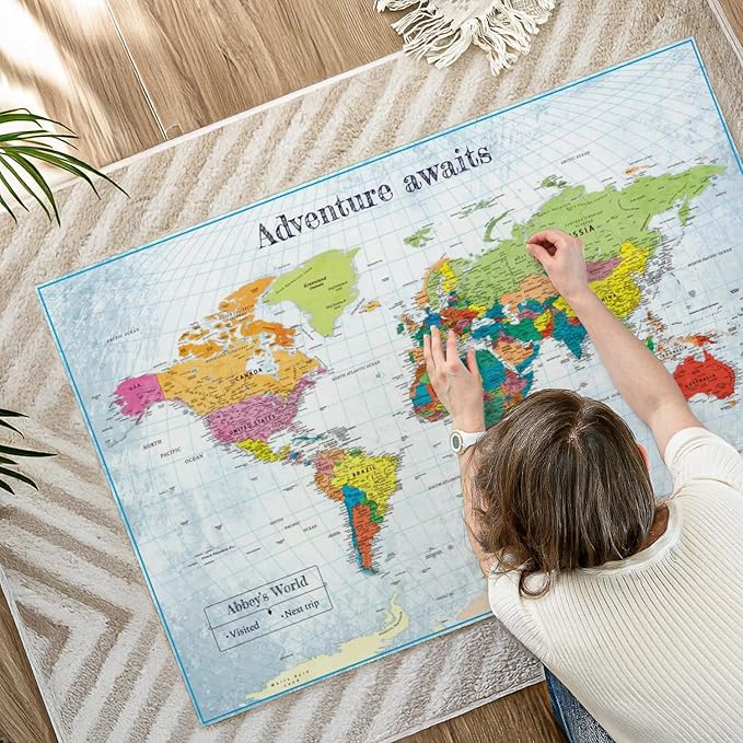 ElephantStock - Personalized Adventure Awaits IV Push Pin World Map Wall Art - Horizontal Canvas Wall Art - Living Room Wall Decor - Digital Art Map Canvas Art - Blue And Green Decor - 48" x 32"