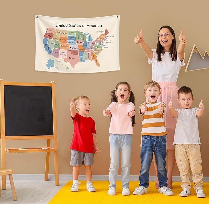 Map Theme Education Rectangular Banner-Flag Wall Sign Decor for Baby Toddler Boy Girl Kids Teen,Classroom Homeschool Nursery Reading Room Teacher Office Decor-Baby Shower Birthday Christmas Gift