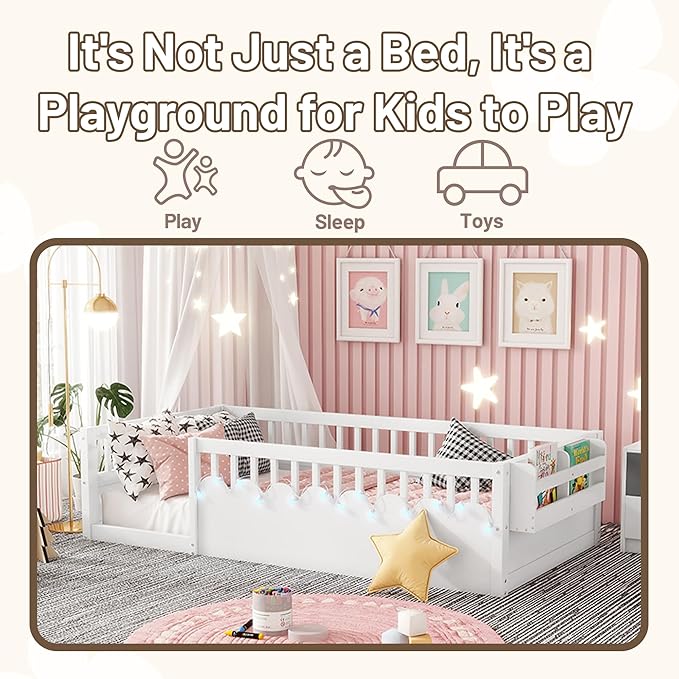 Twin Toddler Floor Bed with High Rails, Wooden Montessori Bed Frame with Light and Storage Shelf, Twin Size Bed Frame for Kids, Boys and Girls, White