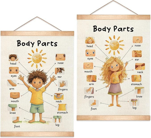 HEYJEEPER Kids Body Parts Learning Posters Set of 2,Linen Educational Wall Art with Wood Hanger, Cute Girl & Boy Body Parts Charts for Toddlers Preschool Classroom Playroom Nursery Decor,18.5x14 Inch