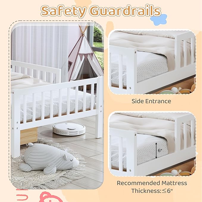 Wood Twin Size Platform Bed with Safety Fence for Kids Boys Girls, Platform Bed Frame with Practical Headboard and 2 Under-Bed Drawers, Sturdy Slats Support (White-3.15)
