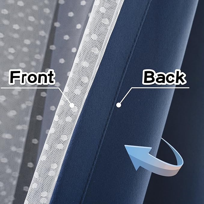 MYSKY HOME Navy Blue Blackout Curtains for Girls Bedroom & Nursery Kids Cute Curtains Double Layer with Polka Dots Sheer, Grommet Tops, 52x84 Inch Each Panel, 2 Panels
