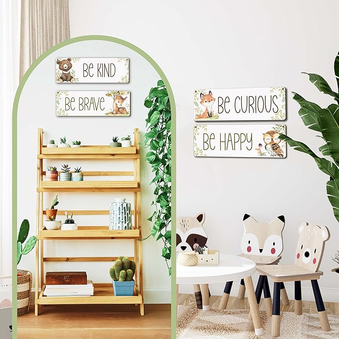 Woodland Nursery Decor, Jungle Safari Animals Boysroom Wall Sign Art, Be Kind Brave Curious Happy Decorations for Kids Boys, 4 Pieces Wood Sign, 3.9x11.8 In-A03