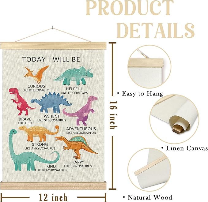BCUANGD Dinosaurs Dino Wall Decor - Toddler Baby Boys Room Wall Art Poster Hanger with Wood Frames, Inspirational Mental Health Wall Hanging Canvas Decor for Kids Room Nursery Bedroom, 12x16 Inches