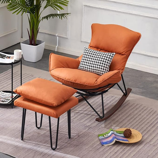 MCombo Modern Rocking Chair, Upholstered Glider Rocker Nursery Accent Chair with Ottoman, Comfy Reading Chairs for Living Room Bedroom Offices HQ203 (Orange)