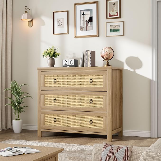 IDEALHOUSE Rattan Dresser for Bedroom, Chest of Dressers 29" Tall Dresser for Closet with 3 Rattan Drawers Chest with Clothes Storage Cabinet, Drawer Organizer for Bedroom, Living Room, Hallway