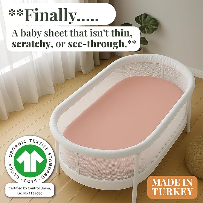 GOTS Organic Bedside Bassinet Sheets 33x20 for Maxi COSI Iora, Newton, Cowiewie, Baby Delight, Mika Micky, Ronbei, Koola Baby Bond, Kidsclub, Luxury Turkish Cotton - Rectangle 32x19-33x20