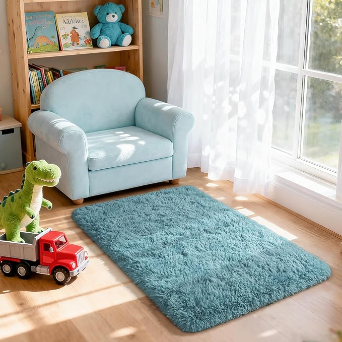 Merelax Modern Soft Fluffy Small Shaggy Rug for Bedroom Livingroom Dorm Kids Room Indoor Home Decorative, Non-Slip Plush Furry Fur Area Rugs Comfy Nursery Accent Floor Carpet 2x3 Feet, Turquoise Green