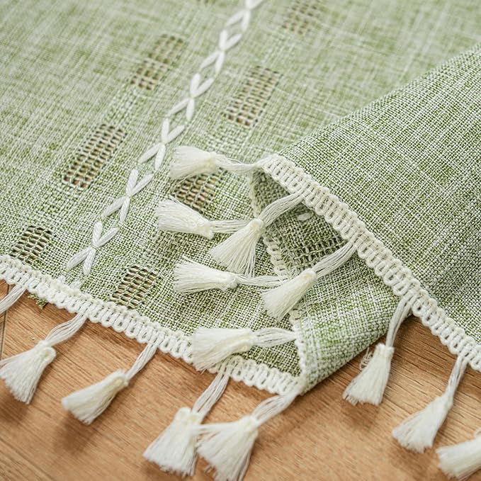 Deeprove Boho Valance Kitchen Short Curtain Tassel, Textured Striped Drape Tier Embroidered Shabby Chic Window Treatment for Cafe Dinging Room Closet, W52 x L18 inch Rod Pocket 1 Panel Sage Green