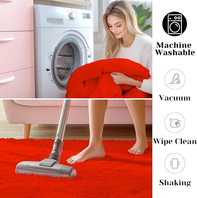 ONASAR Red Rugs for Living Room Bedroom, 5x8 Washable Fluffy Bedside Area Rug, Soft Plush Shaggy Indoor Floor Carpet for Nursery Kids Girls Boys Teen Dorm Home Office Decor Aesthetic