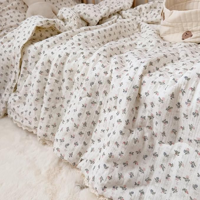 BuLuTu Pink Bellflower Print Muslin Cotton Quilted Blanket for Girls Boys Lightweight Soft Crib Blankets Toddler Comforter for Toddlers Kids Children, All Seasons, 47x59 Inches