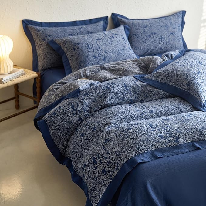 Vintage Navy Blue Duvet Cover Set King Paisley Print Duvet Cover Yarn-Dyed Cotton Jacquard Bedding Comforter Cover Boho Flower Paisley Bedding Set Farmhouse Style Breathable Duvet Cover for Men Women