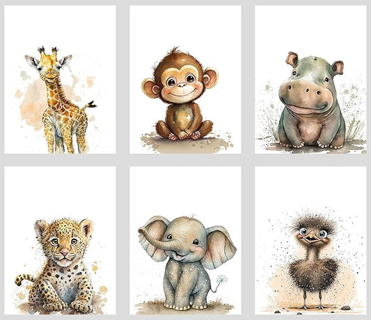 calmart Safari Animals Wall Art - Set of 6 Unframed Wall Prints - Baby Nursery Decor for Boys Girls