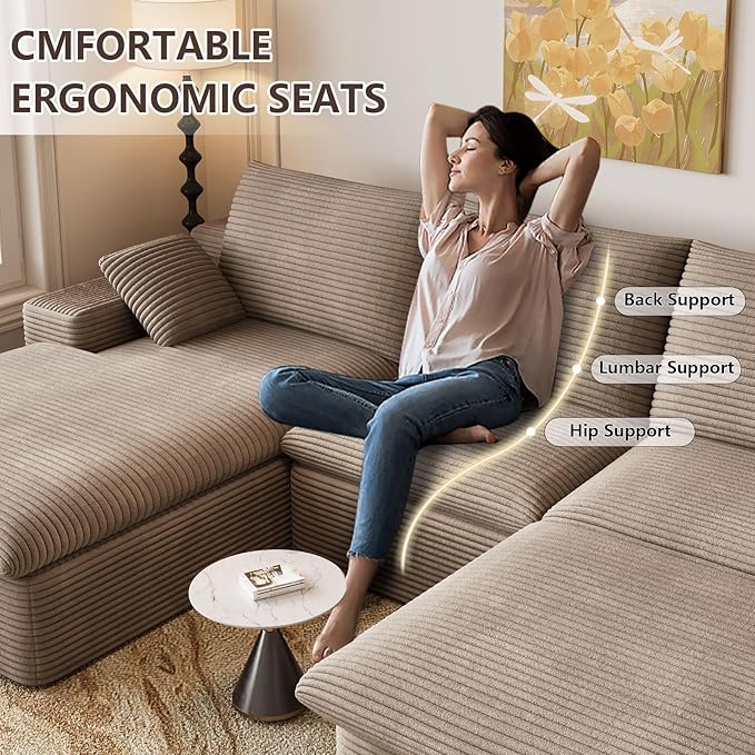 107" Cloud Modular Sectional Sofa with 1 Ottoman, Modern Upholstered Corduroy Couches, Comfort U Shaped Sofa for Living Room, Deep Seat Boneless Couch, No Assembly Required(Camel,Left Facing Chaise)