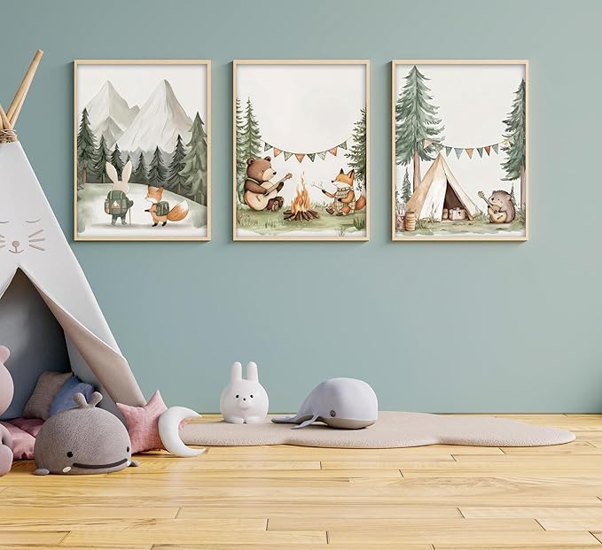 Woodland Animal Nursery Canvas Wall Art Fox Bear Rabbit Hedgehog Paintings Pictures Safari Nursery Wall Decor Forest Animals Camping Campfire Poster Print Artwork for Boys Kids Room Home Decoration