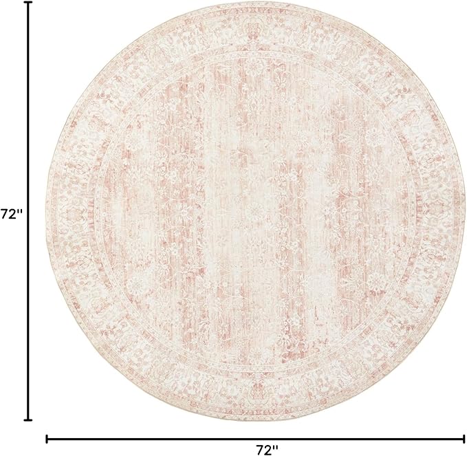Round Rug 6x6 Feet 6ft Washable Area Rug Vintage Rug Indoor Floor Cover,Floral Print Blush Pink Circle Rug 6' Round Kitchen Living Room Girl Bedroom Dining Room